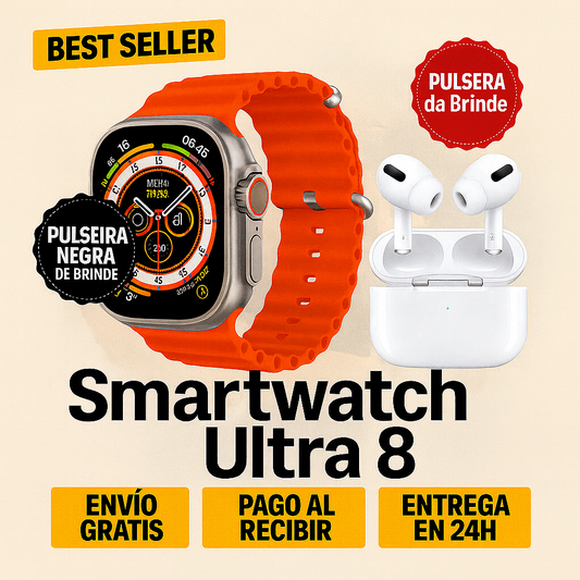 SmartWatch Ultra + 2 CORREAS ( NEGRO+ NARANJA ) con AirPods Style GRATIS – ÚLTIMOS DIAS