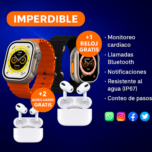 SOLO HOY! COMPRA 1 SMARTWATCH ULTRA PRO Y LLÉVATE +1 RELOJ, 2 AIRPODS Y 4 CORREAS GRATIS