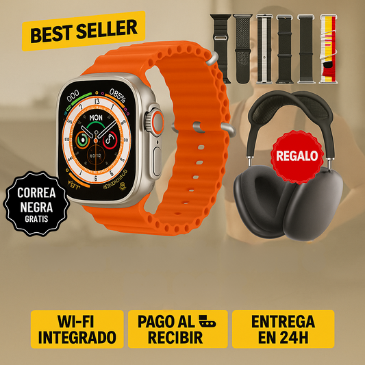 SmartWatch Ultra + 2 CORREAS ( NEGRO+ NARANJA ) con AirPods Style GRATIS – ÚLTIMOS DIAS